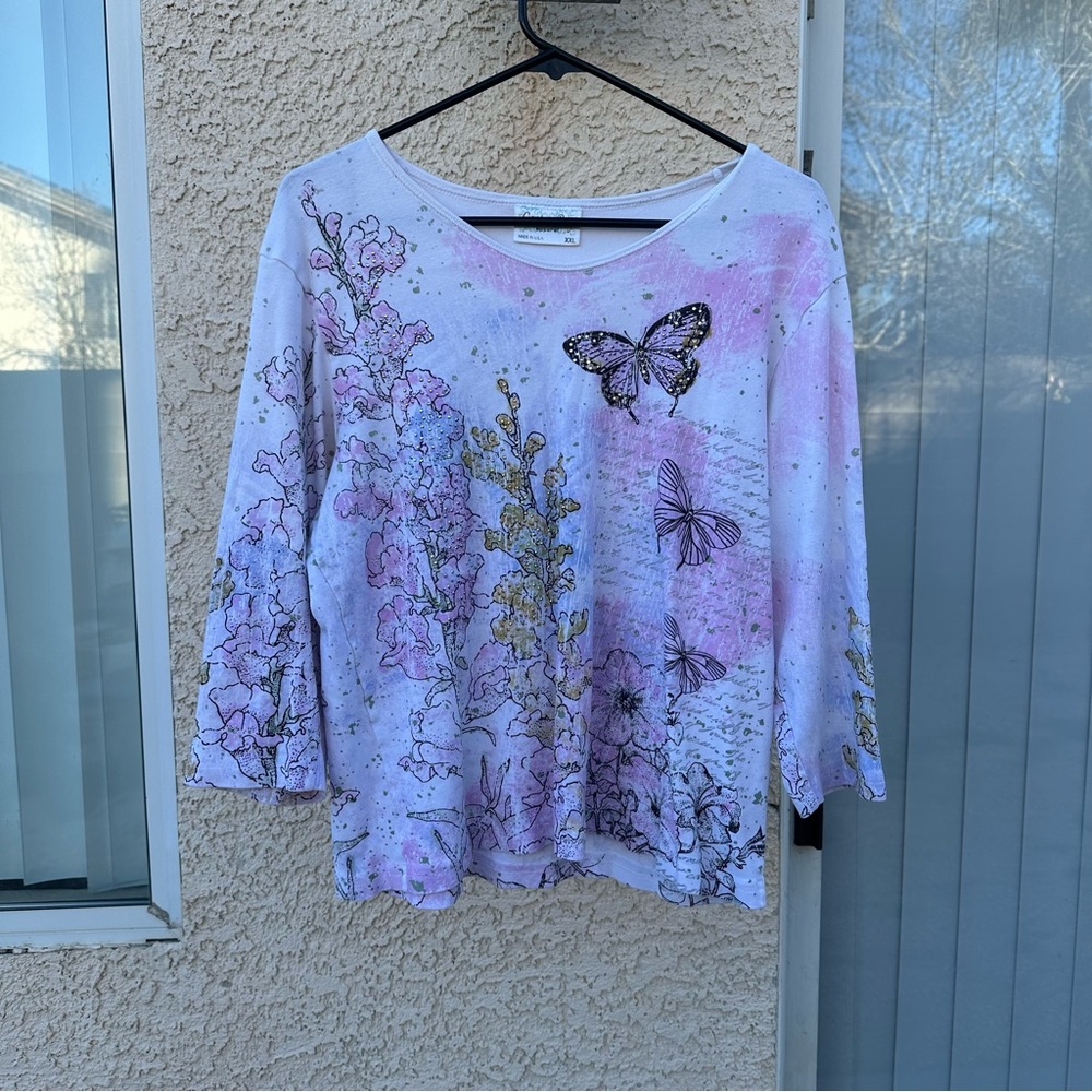 Cactus Bay Shirt Womens XL Butterfly Graphic Rhinestone 3/4 Sleeve Made in USA